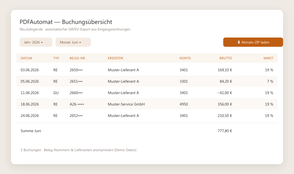 Screenshot Dokumenten-Automatisierung: PDF → DATEV & CSV